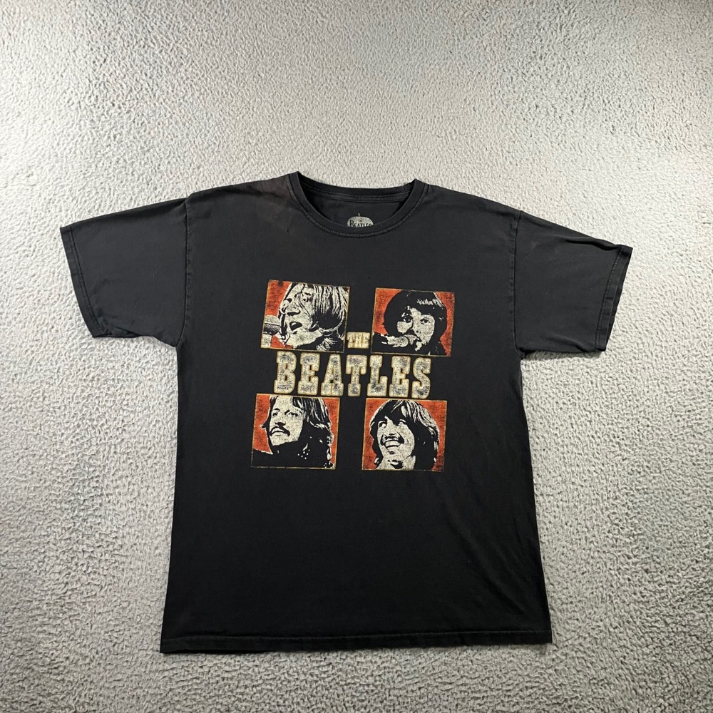 The Beatles Graphic T-Shirt Mens L Faded Black S/S Crewneck Rock Band Distressed